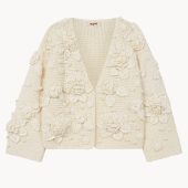 Handknit Cotton Cardigan: White V-neck Jacket With Embroidered Flowers