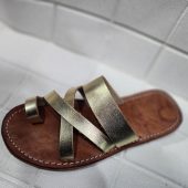 Gold Leather Moroccan Sandals For Women – Handmade Crisscross Flat Summer Shoes – Toe Ring Boho Slip-ons – Metallic Comfy Flats –