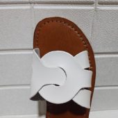 Handmade Moroccan White Leather Sandals For Women – Flat Slip-on Summer Shoes With Interlocking Strap – Artisan Minimalist Brown Sole Slides