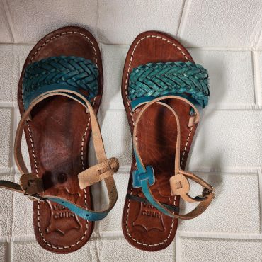 Handmade Moroccan Women’s Sandals – Turquoise Braided Leather Summer Shoes – Genuine Tan Flat Sandals, Real Leather Slides, Gift For Her