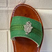 Handmade Moroccan Women Sandals – Turquoise Strap With Hamsa Charm | Leather Flats