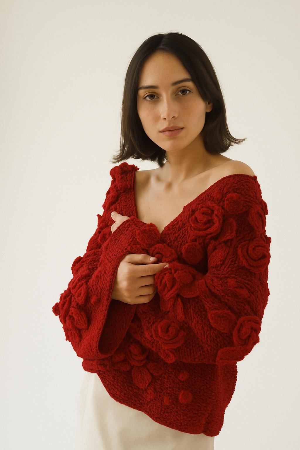 Handknit Cotton Cardigan: White V-neck Jacket With Embroidered Flowers