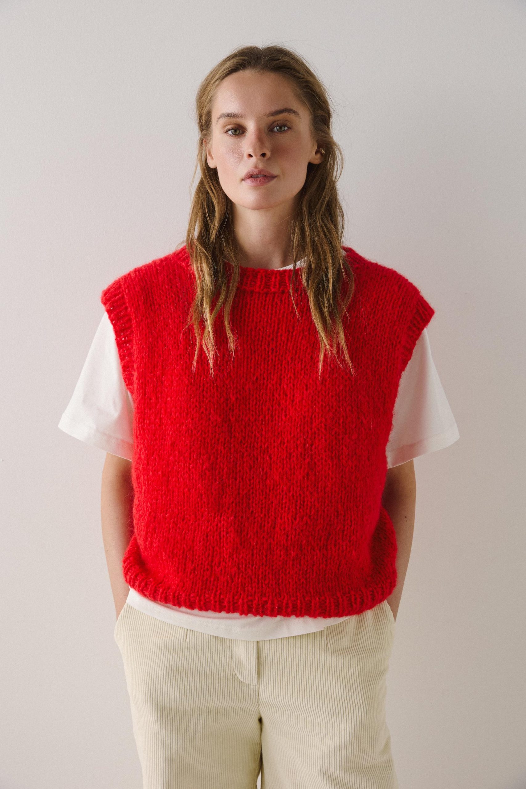 Hand-knitted Red Mohair Vest: Women's Cozy Knitwear